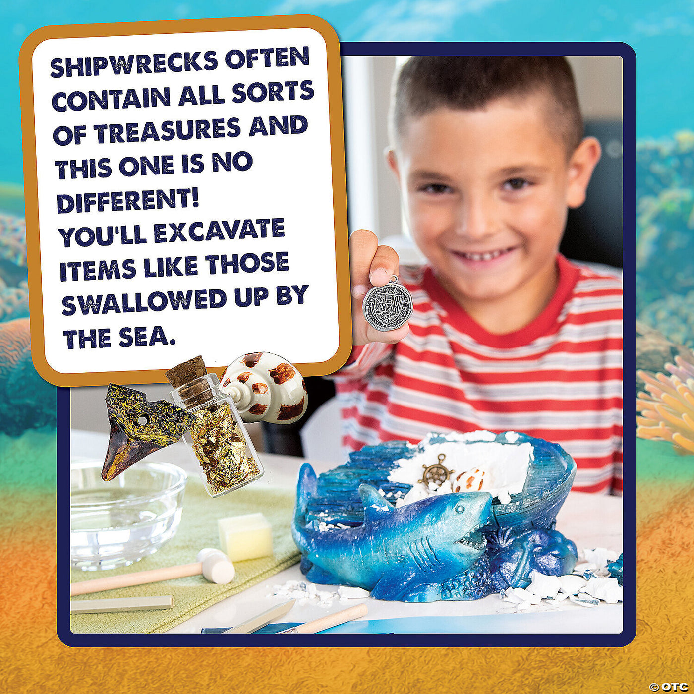 Child holding a coin with text about shipwrecks and treasures, set against an underwater scene.