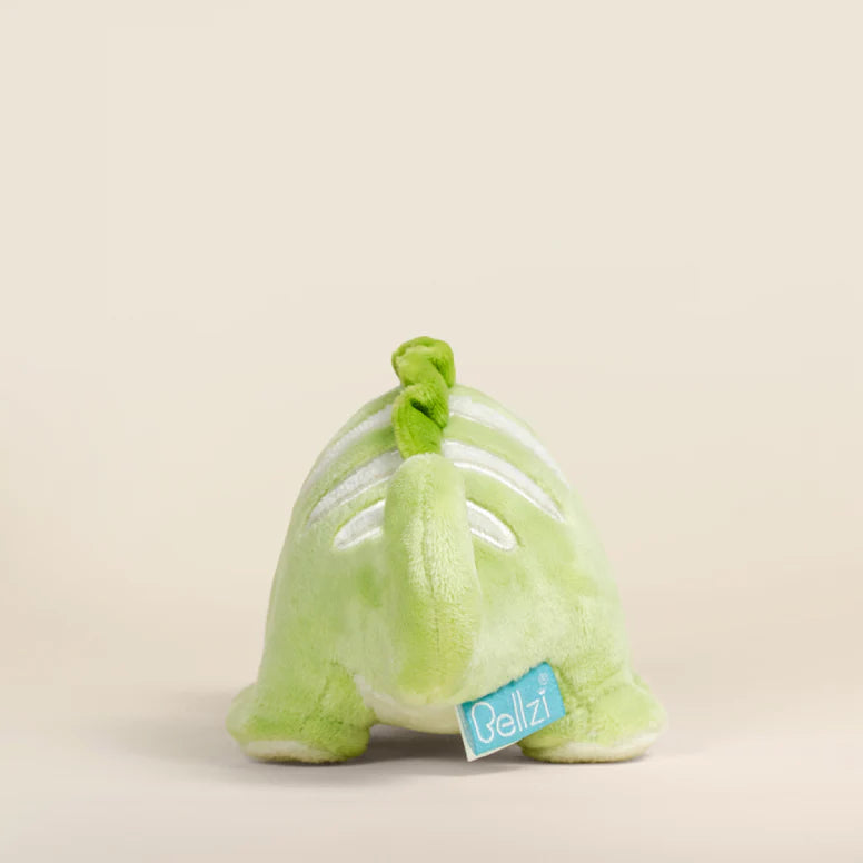 Green plush toy chameleon on a beige background.