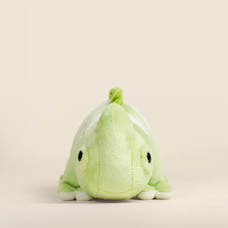 Green plush toy chameleon on a beige background.