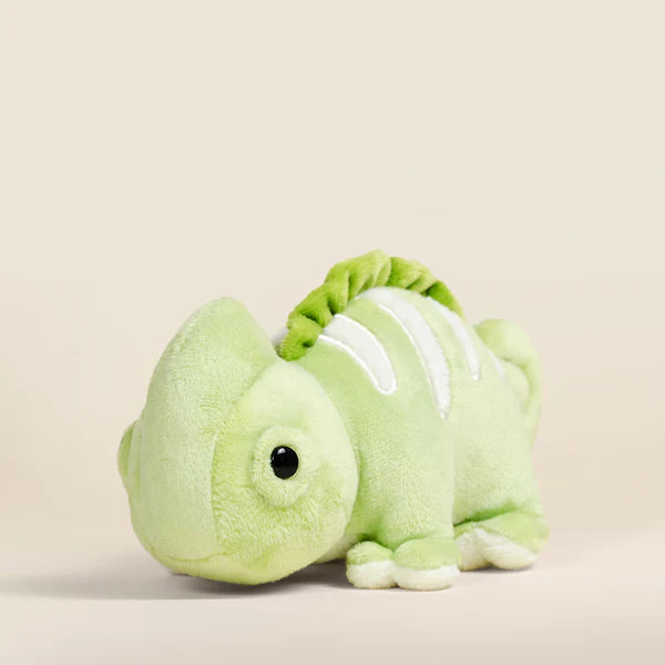 Green plush chameleon on a beige background.