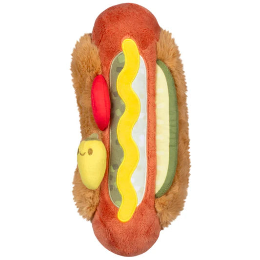 Plush toy shaped like a hot dog with mustard and ketchup on a white background