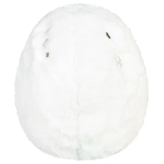 Back of a plush toy resembling a hard boiled egg.