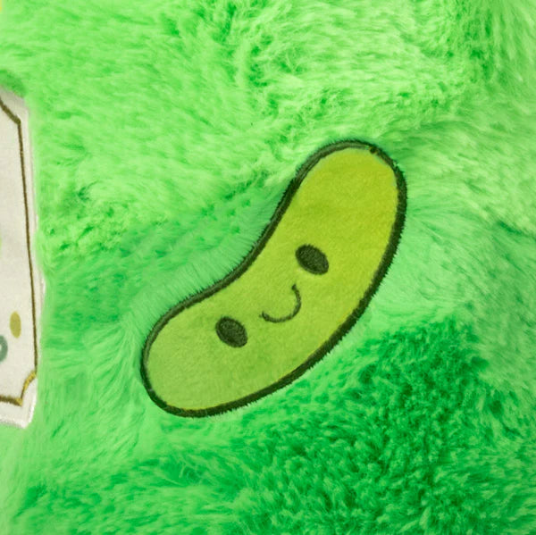 Close up of an embroidered pickle on the main section of the pickle jar plush.
