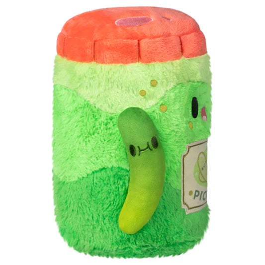 Plush toy resembling a pickle jar with a pickle on the outside and with a red lid on a white background