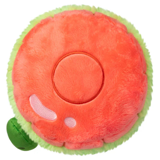 Top view of a plush toy resembling a jar of pickles, showing the red lid.
