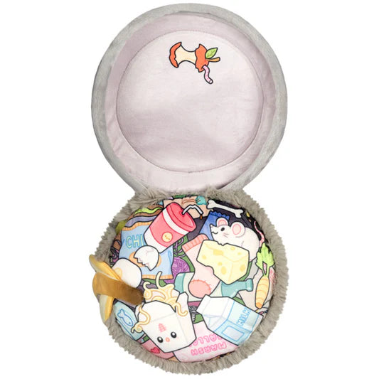 Top down view of a plush trash can with the lid open, showing printed details of trash items inside the can and under the lid.