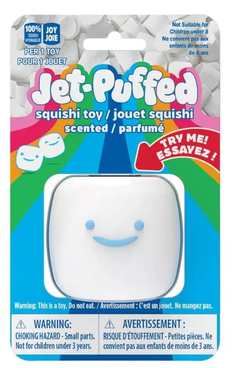 Jet-Puffed squishi toy packaging with colorful design and warning labels.