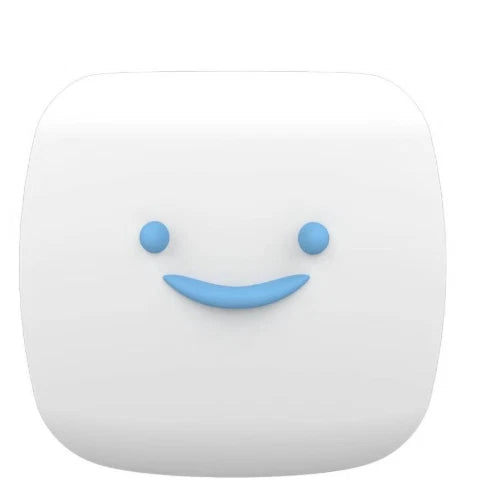 White marshmallow-themed squishy toy with a blue smiling face.