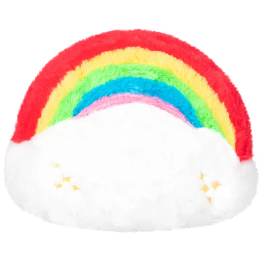 Plush toy shaped like a rainbow with red, orange, yellow, green, blue and purple sections, on top of a plush cloud with star embroidered details.