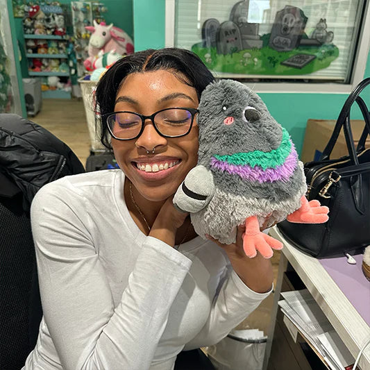 Person holding a plush toy pigeon in an indoor setting with shelves and decor in the background